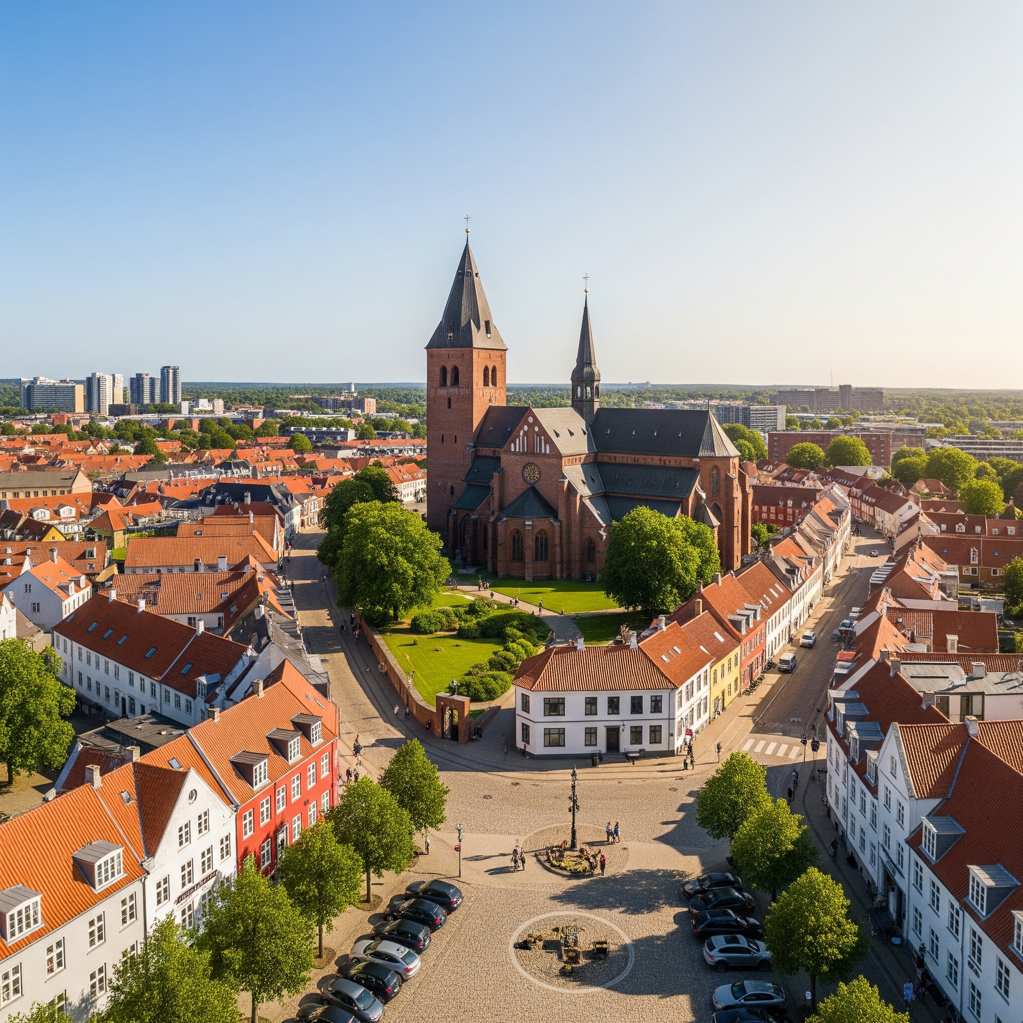 Sjælland - Roskilde Domkirke og byens historiske centrum fra oven